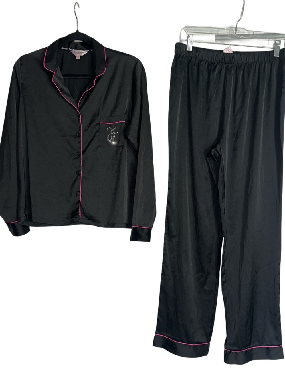 Juicy Couture Black Satin Pajama Set with Pink Piping